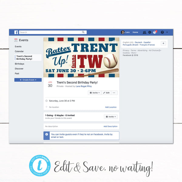 Baseball Birthday Party Facebook Event Banner