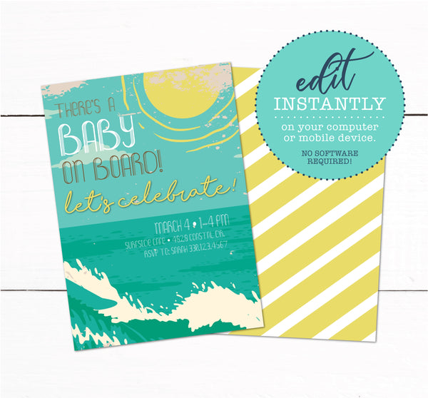 Beach Surf Theme Baby Shower Invitations - Beach Baby Sprinkle Invitation