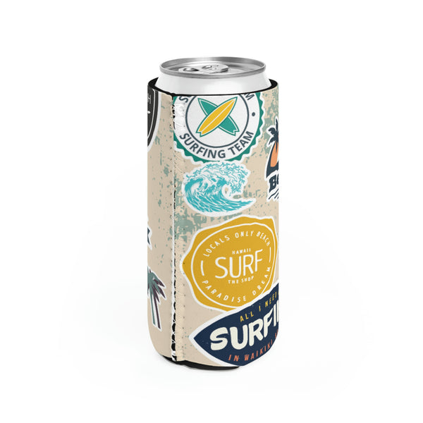 Surf and Beach Sticker Collage Slim Can Cooler