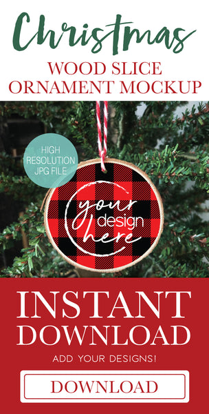 Red Lumberjack Plaid Circle Wood Slice Christmas Ornament Mockup