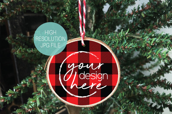 Red Lumberjack Plaid Wood Slice Ornament Mockup