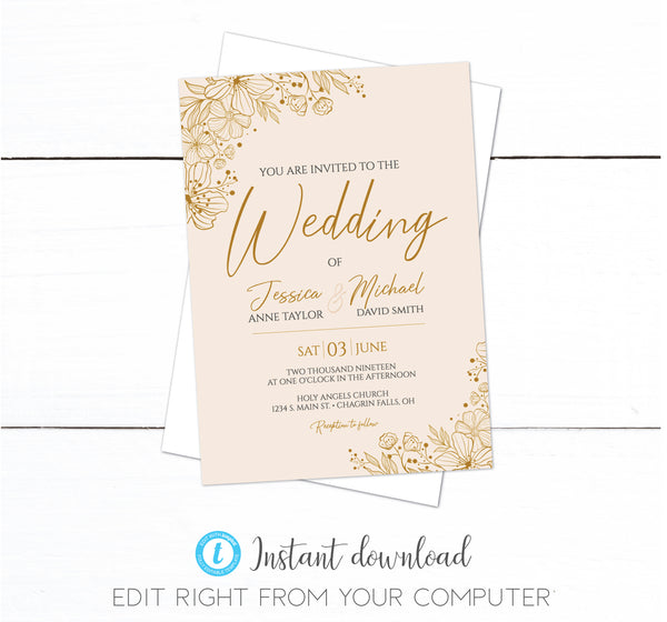 Rose Gold Floral Wedding Invitation Set
