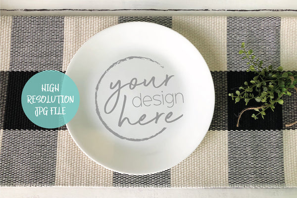 Round White Plate Mockup - Buffalo Plaid Background
