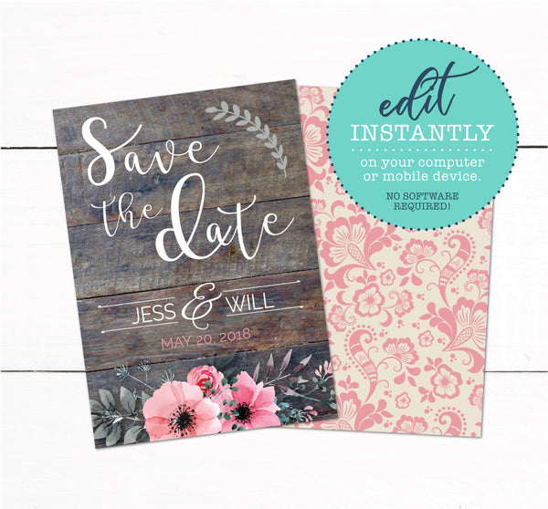 Save The Date Wedding Invitation - Wood Rustic Floral Invitation