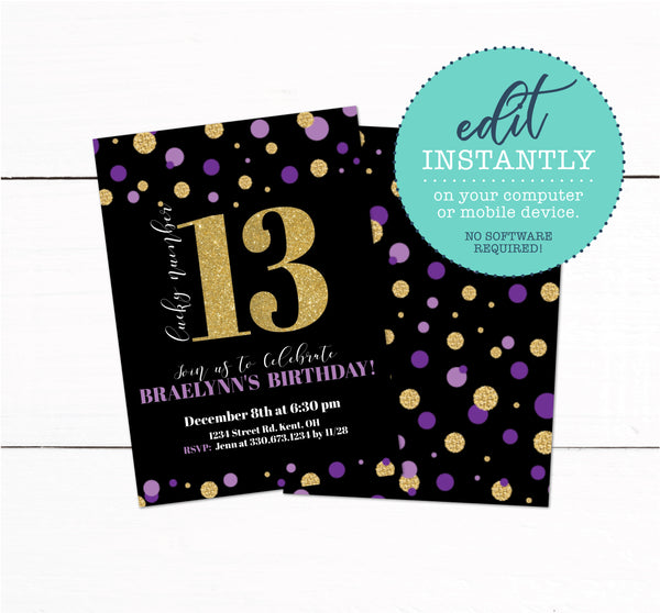Gold Purple Glitter 13 Birthday Party Invitation