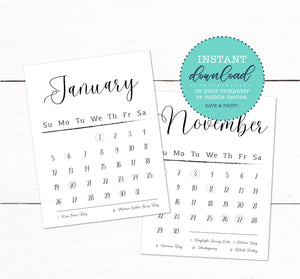 2020 Printable Calligraphy Calendar