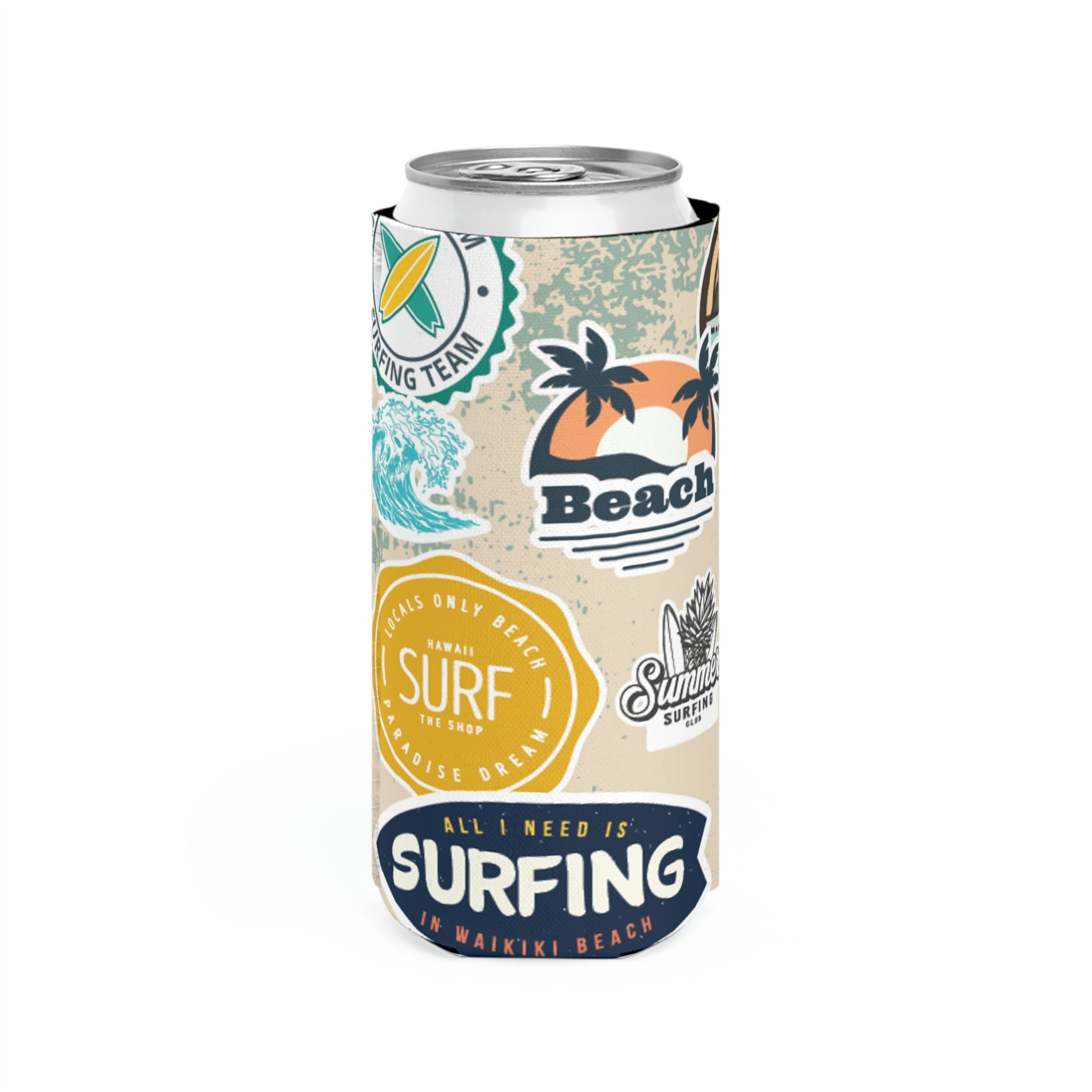 Surf and Beach Sticker Collage Slim Can Cooler