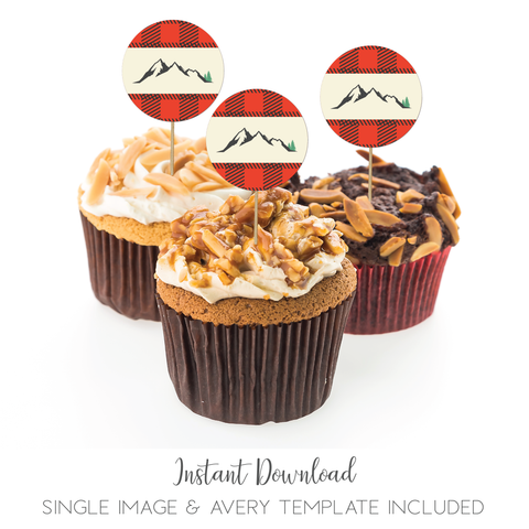 Buffalo Plaid Mountains 2 Inch Cupcake Topper Favor Stickers