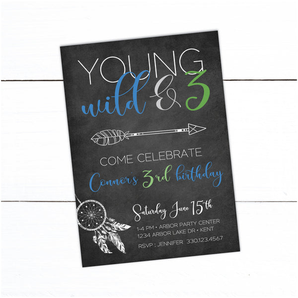 Young Wild and Three Birthday Invitation - Young Wild and 3 Invitation - Boho Arrow Invitation - Boy Girl Tribal Birthday Invitation - Automatic Download - DIY