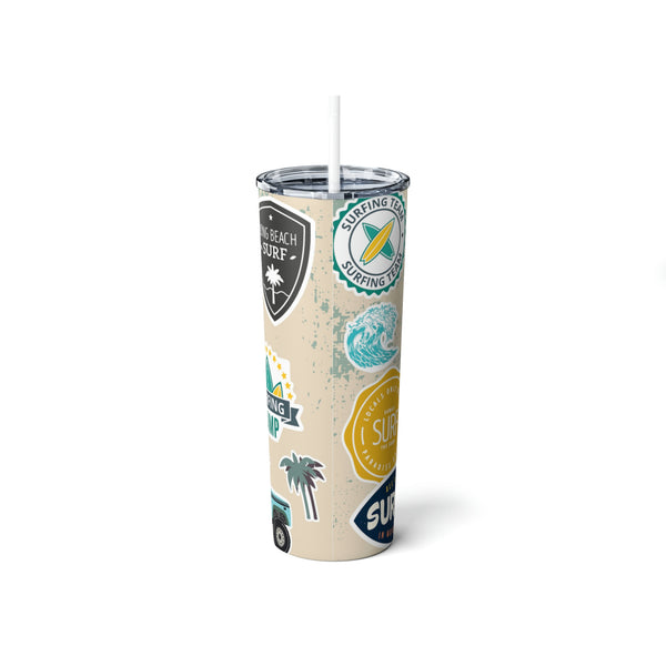 Surf and Beach Sticker Collage Skinny Steel Tumbler with Straw, 20oz
