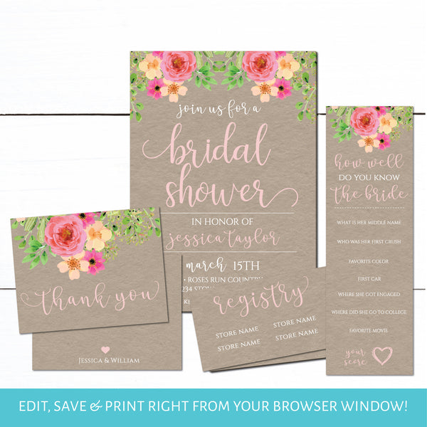 Floral Kraft Bridal Shower Invitation Set | Bridal Shower Invitation | Bridal Registry | Wedding Shower Invitation | Bridal Shower Game
