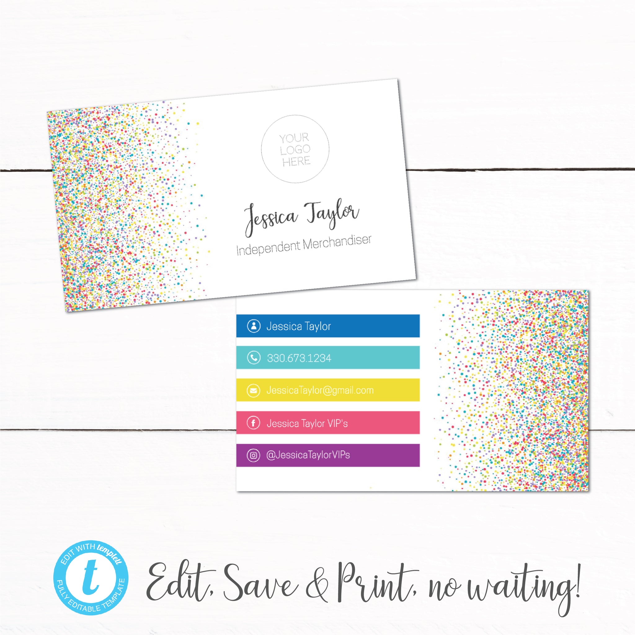 Rainbow Confetti Business Card Printable Template