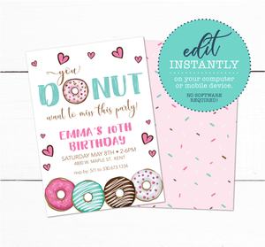 Girls Donut Theme Birthday Party Invitation
