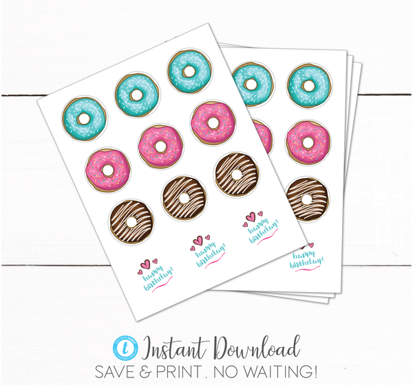 Girls Donut Birthday Party Treat Bag Toppers - Donut Stickers