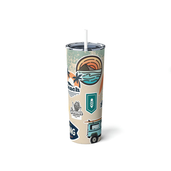 Surf and Beach Sticker Collage Skinny Steel Tumbler with Straw, 20oz