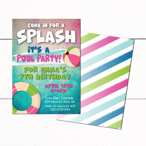 Girls Swim Party Birthday Invitation - Pool Swim Party Invitation - Mermaid Swim Party Invitation - Colorful Swim Theme Party - Swim Party Invite