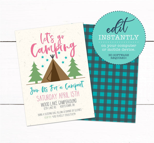 Girls Tent Camping Campout Sleepover Birthday Party Invitation