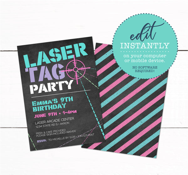 Girls Laser Tag Birthday Party Invitation