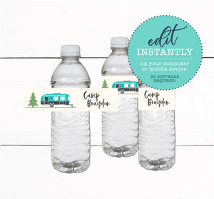 Glamping Campout Sleepover Birthday Party Water Bottle Label Favors