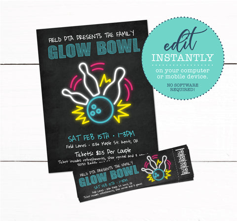 Glow Bowling Event Fundraiser Flyer & Ticket