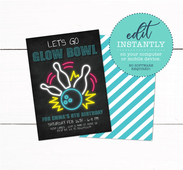 Glow In The Dark Cosmic Bowling Birthday Party Invitation