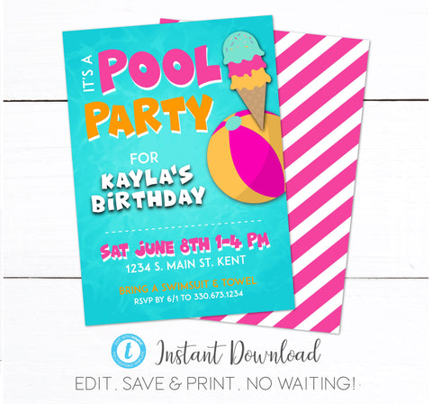 Girls Swimming Pool Birthday Party Invitation