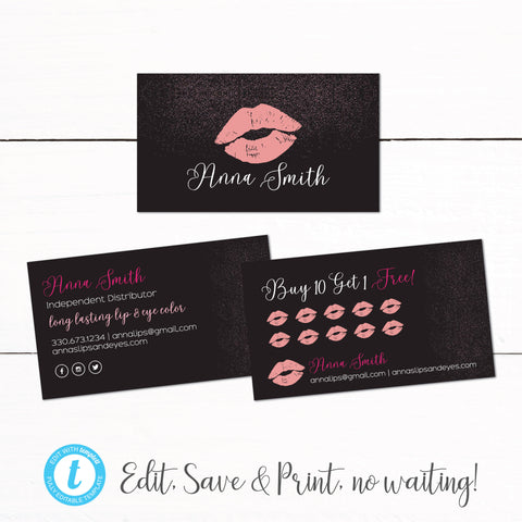 Lip Makeup Lipsense Business Car Punch Card - Customer Reward Card - Black Pink Glitter Lips - Lipstick Business Card - Lipstick Punch Card