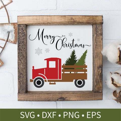 Vintage Red Truck Christmas Tree Sign svg dxf png eps Silhouette Cutting Craft File
