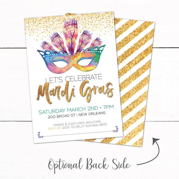 Mardi Gras Party Invitation Gold Purple Glitter Mask Feathers Invitation