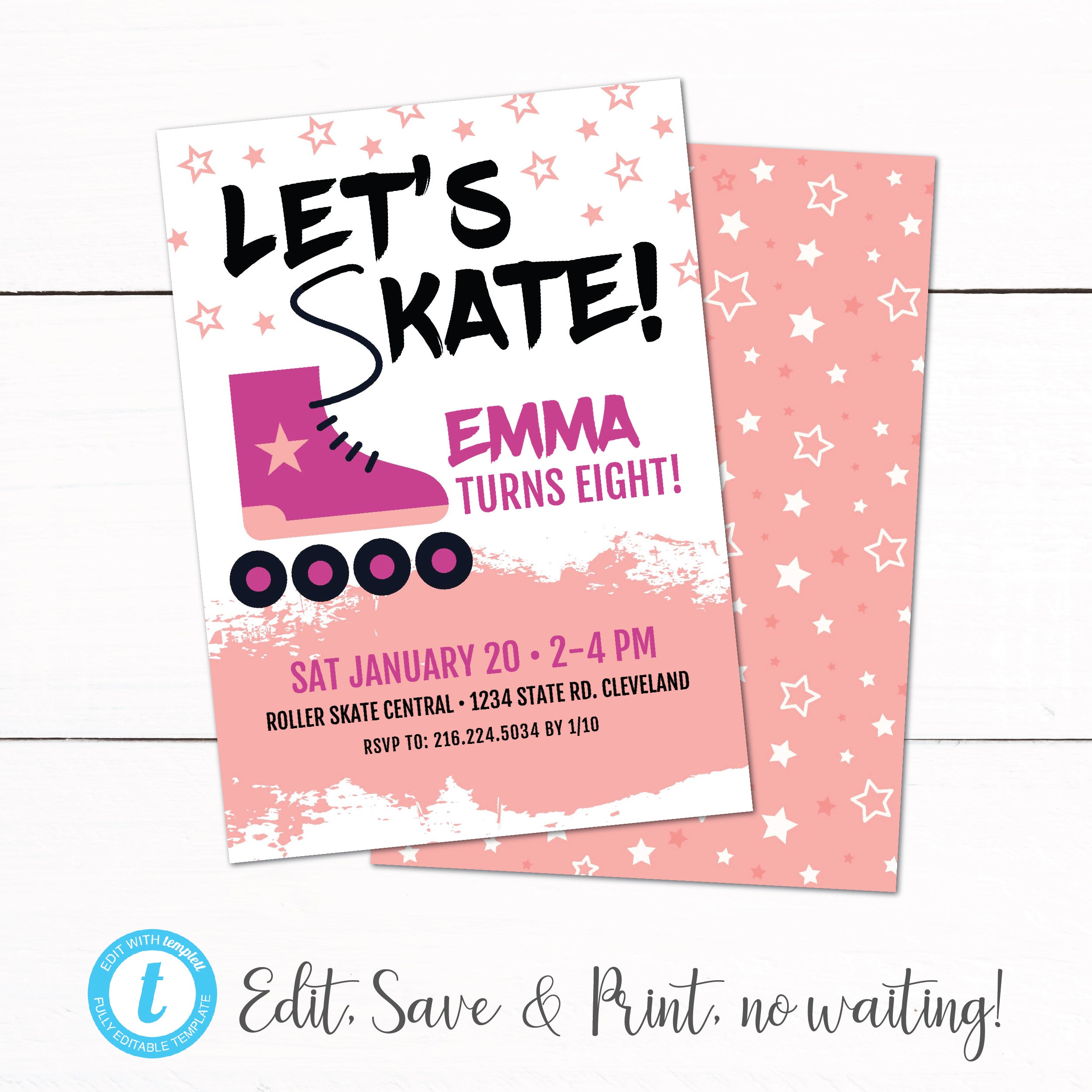 Girls Roller Skating Birthday Party Invitation – Taylor George Designs, image size:2500x2500