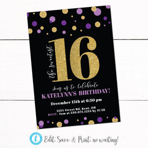 Gold Purple Glitter Sweet 16 Birthday Party Invitation