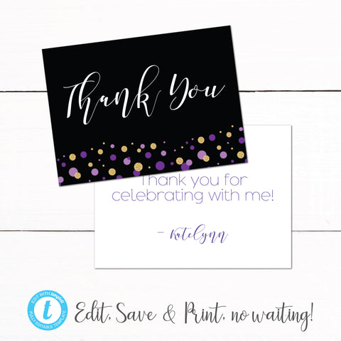 Gold Purple Glitter Thank You Card