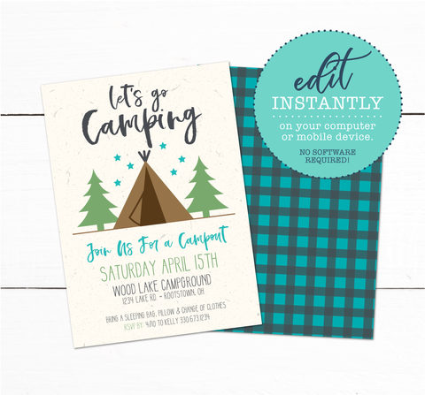 Tent Camping Campout Sleepover Birthday Party Invitation
