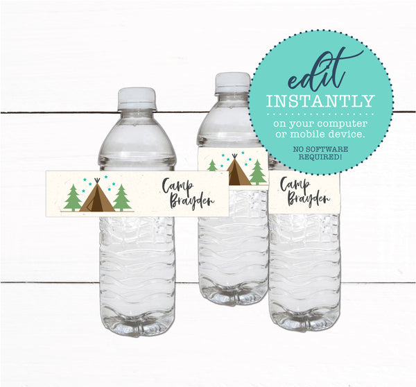 Tent Campout Sleepover Birthday Party Water Bottle Label Favors